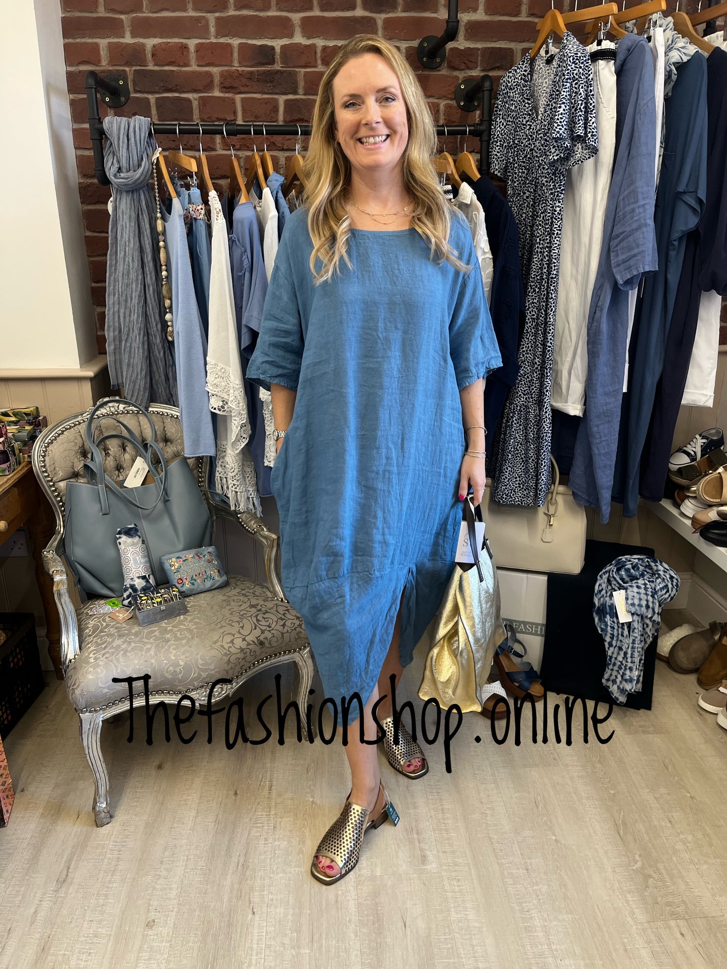 Denim blue linen tulip hem tunic dress 12-16
