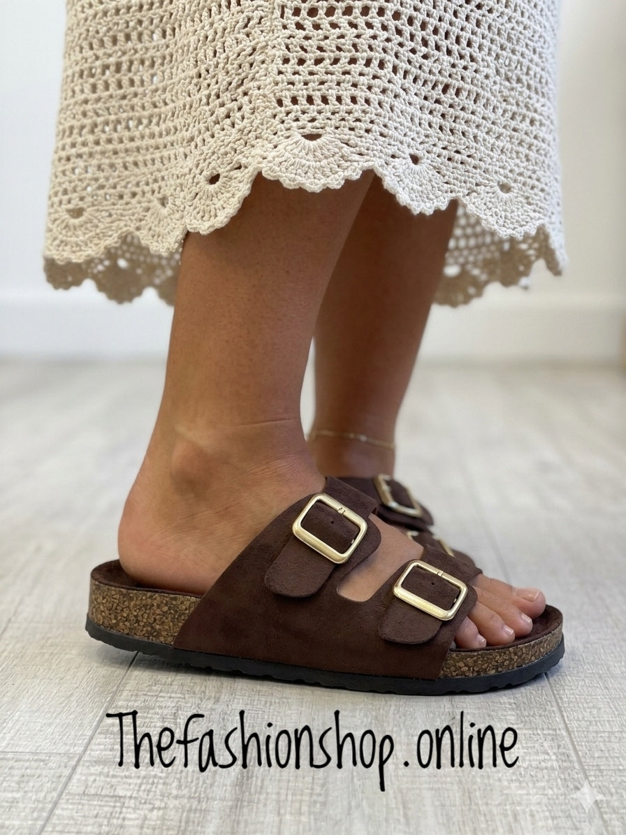 Patsy brown faux suede buckle sliders sizes 3-8 (36-41)