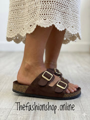 Patsy brown faux suede buckle sliders sizes 3-8 (36-41)