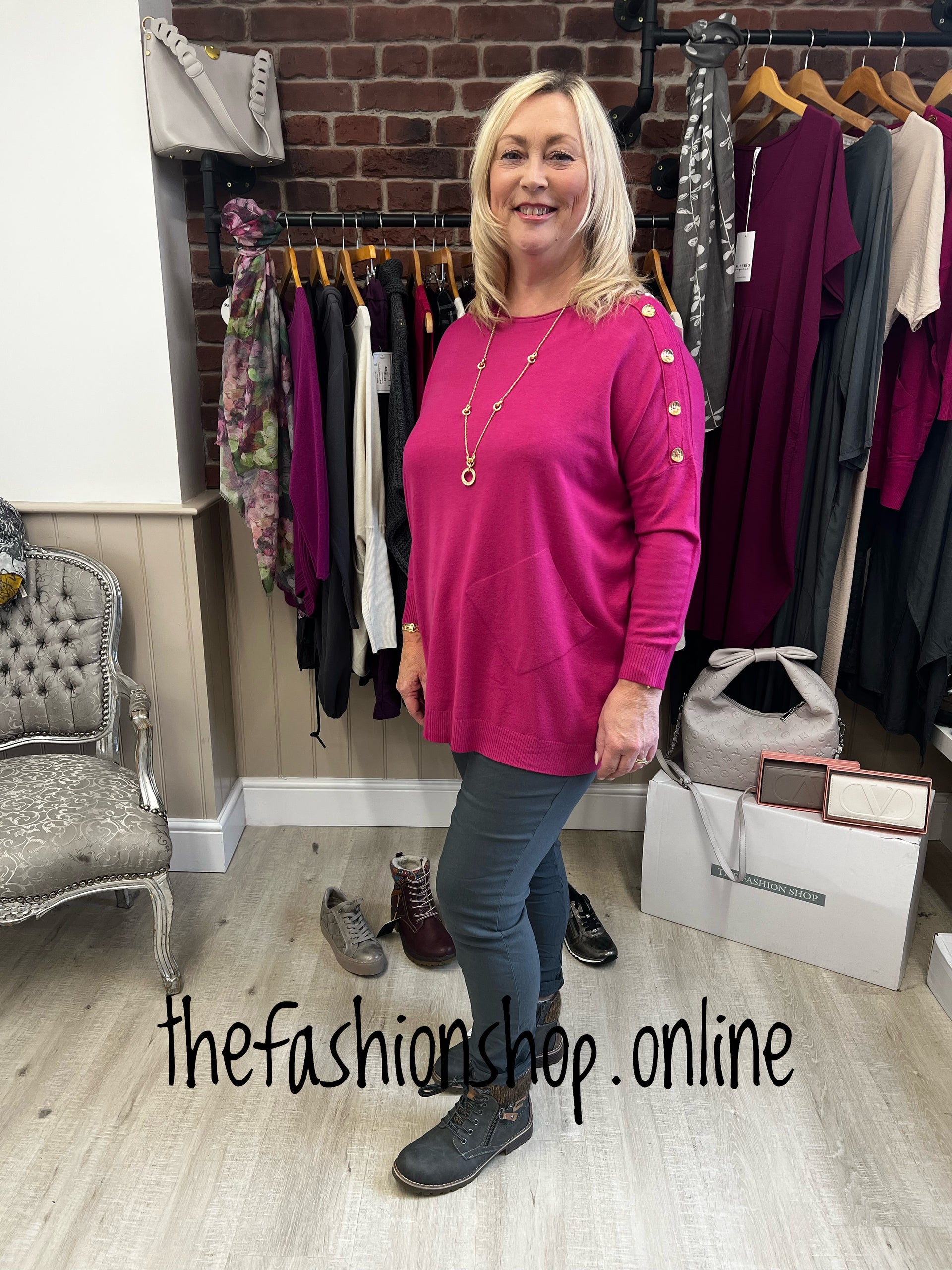 Magenta button shoulder jumper 12-16, 18-22 – The Fashion Shop