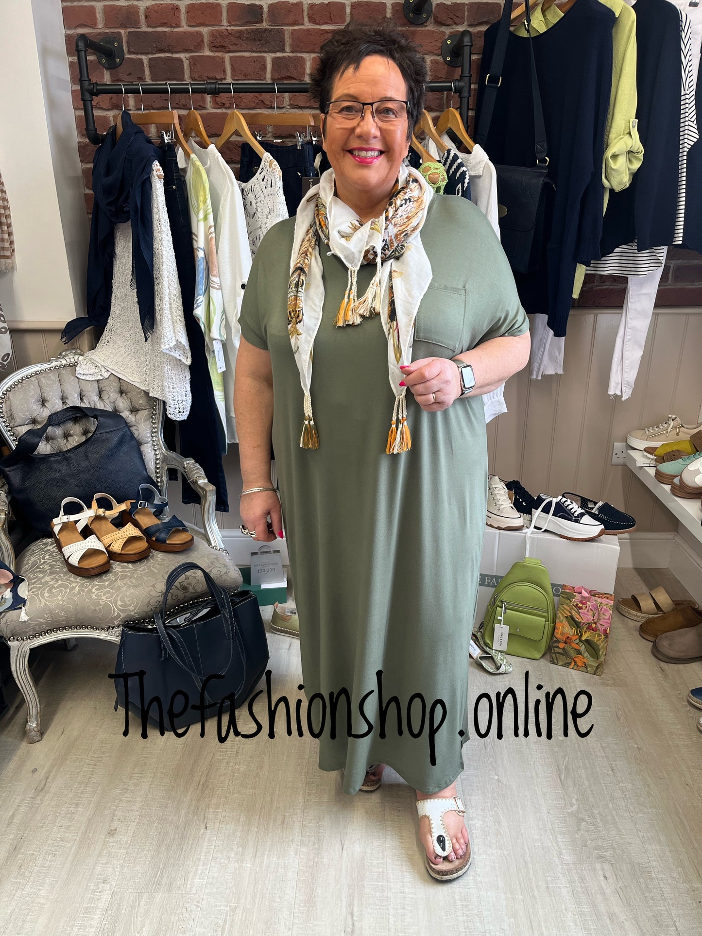 Khaki V neck dress up dress down dress with side split 16-26