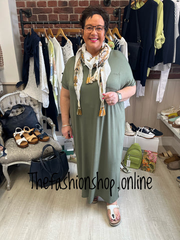 Khaki V neck dress up dress down dress with side split 16-26