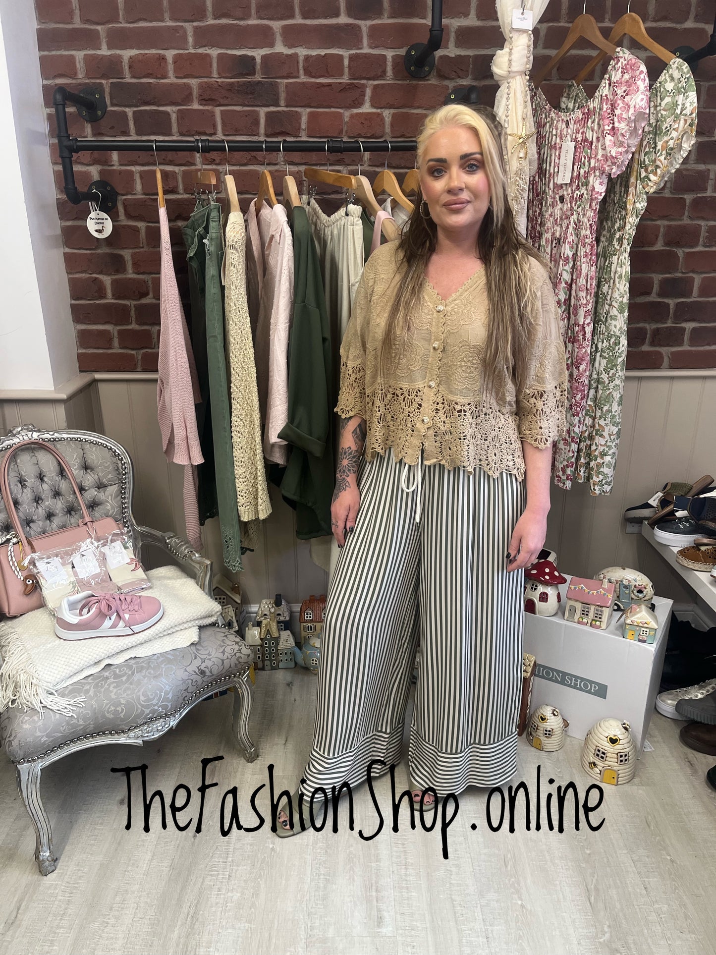 Hallie khaki and cream striped wide leg trousers 8-14