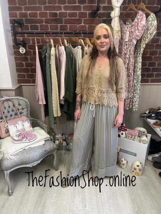 Hallie khaki and cream striped wide leg trousers 8-14