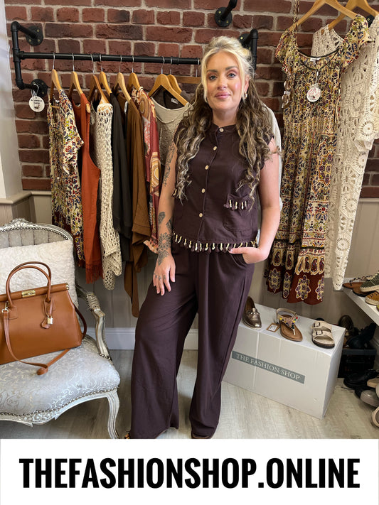Kendal brown seashell linen mix trouser set 8-12 and 14-16
