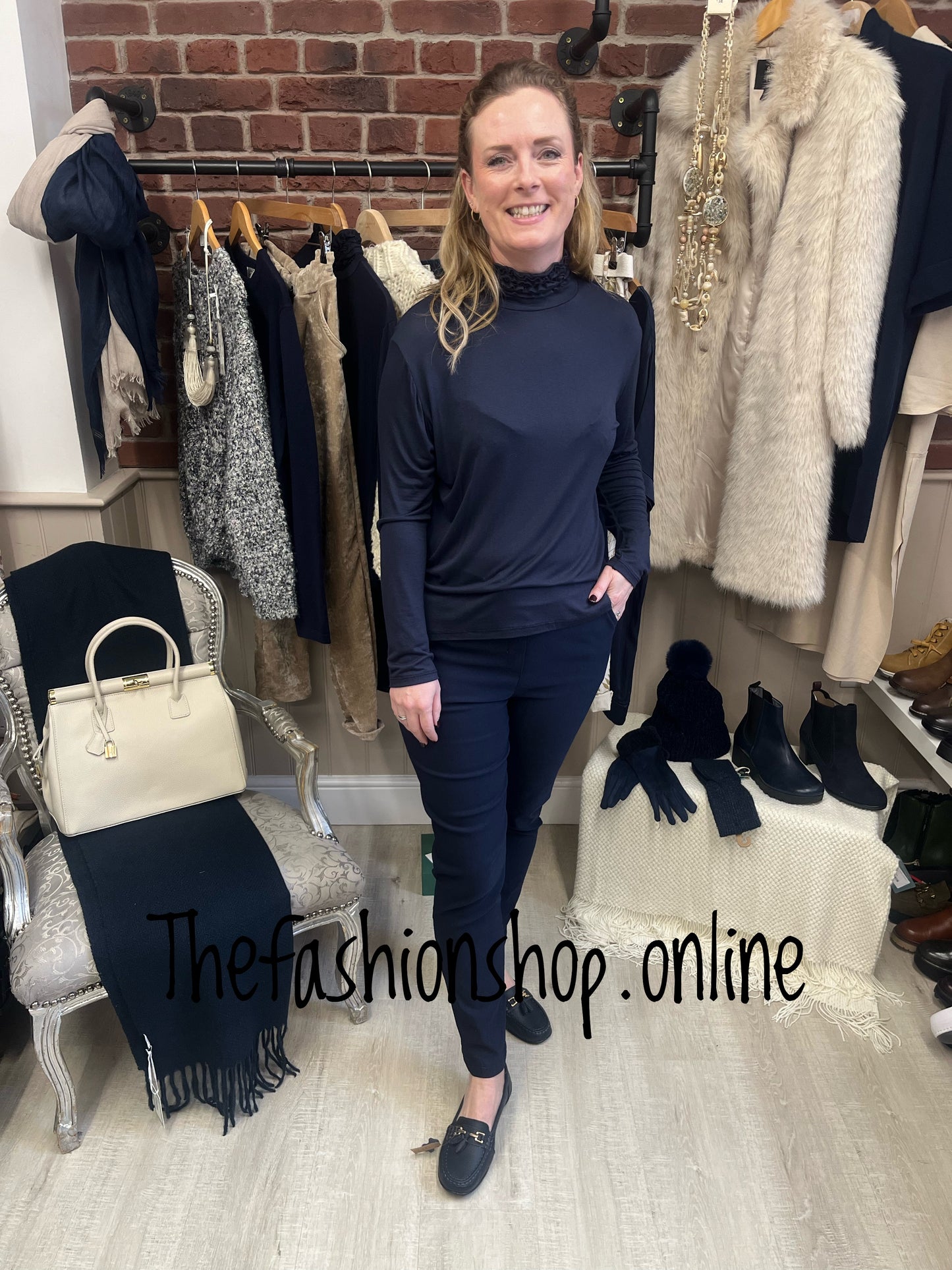 Navy ruffle neck polo 12-16