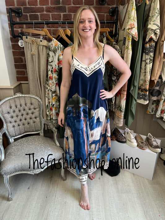 Parisian silk mix navy dress 10-16