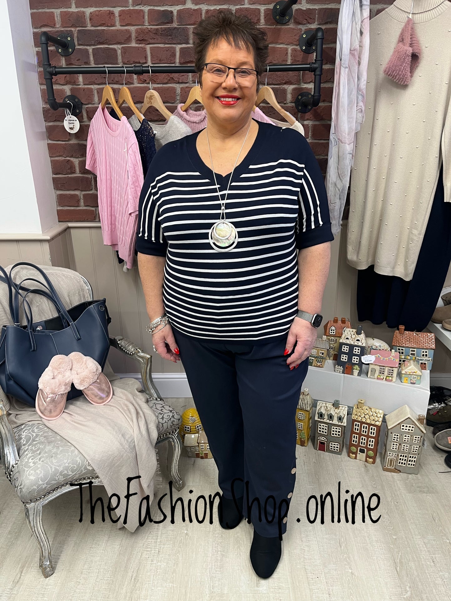 Jennifer navy striped fine knit top 12-18