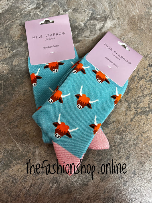 Miss Sparrow Duck Egg Blue Highland Cows Bamboo socks 3-7