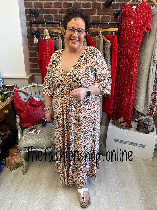 Nora Aztec midi dress sizes 10-12, 14-16 and 18