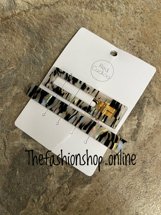 Red Cuckoo zebra shimmer hair clip twin pack