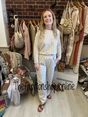 Yvette camel and beige striped top 10-16
