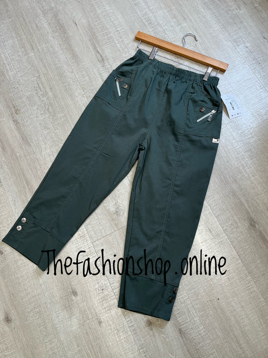 Cherry Berry khaki stretchy button detail cropped trousers sizes 10-26