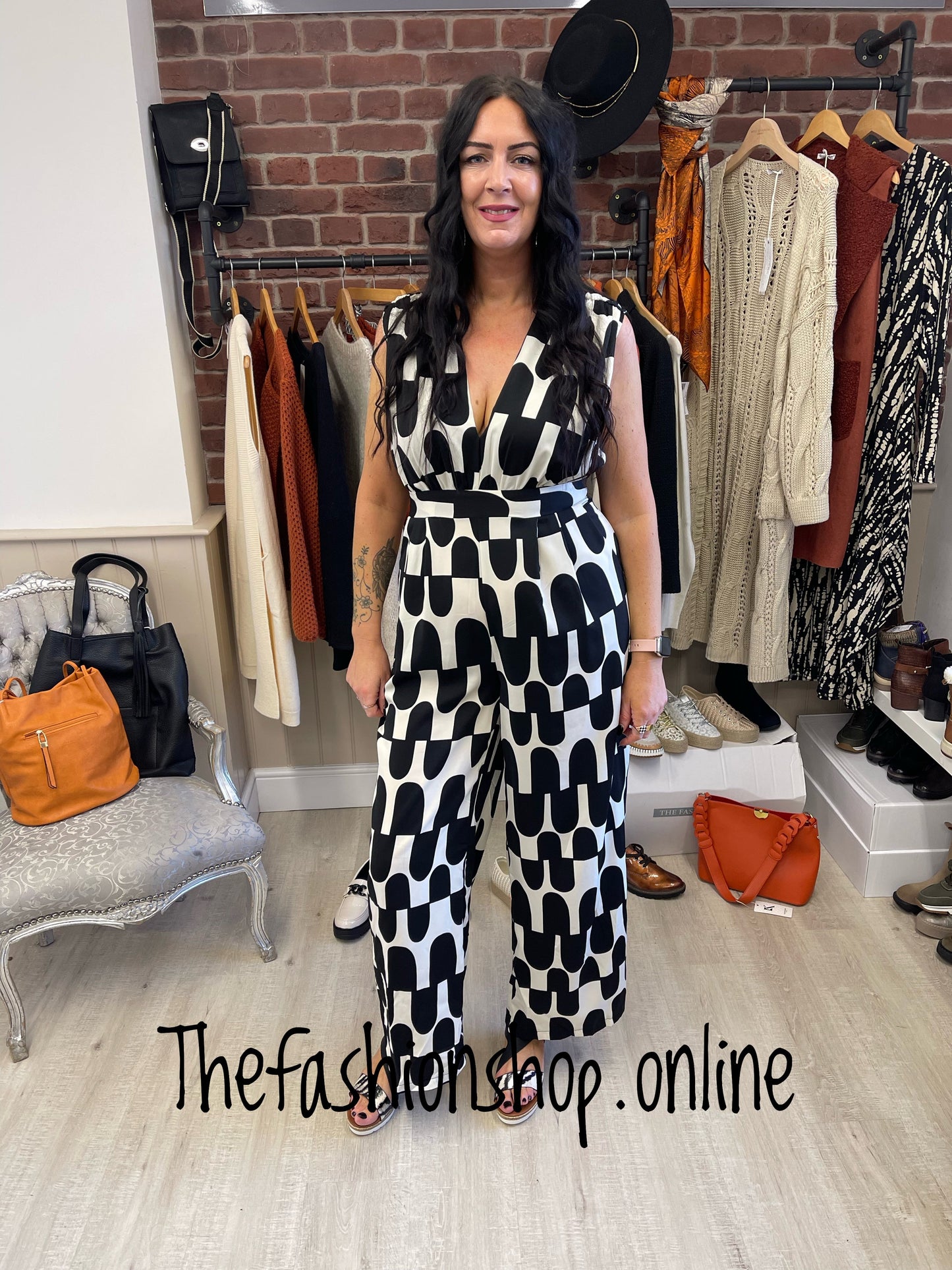 AX Paris Black and cream abstract print jumpsuit sizes 8-16