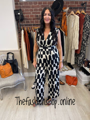 AX Paris Black and cream abstract print jumpsuit sizes 8-16