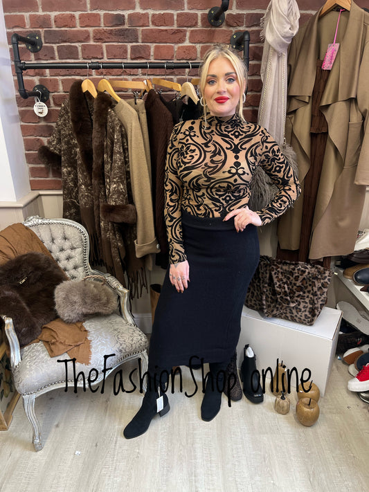 Kimberley camel and black bodysuit 8-12