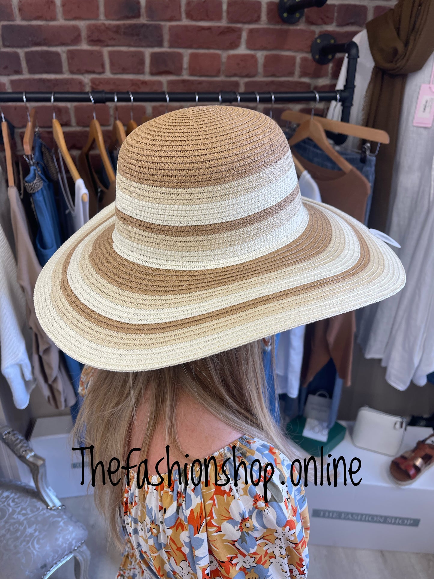 Beige stripe wide brim summer hat