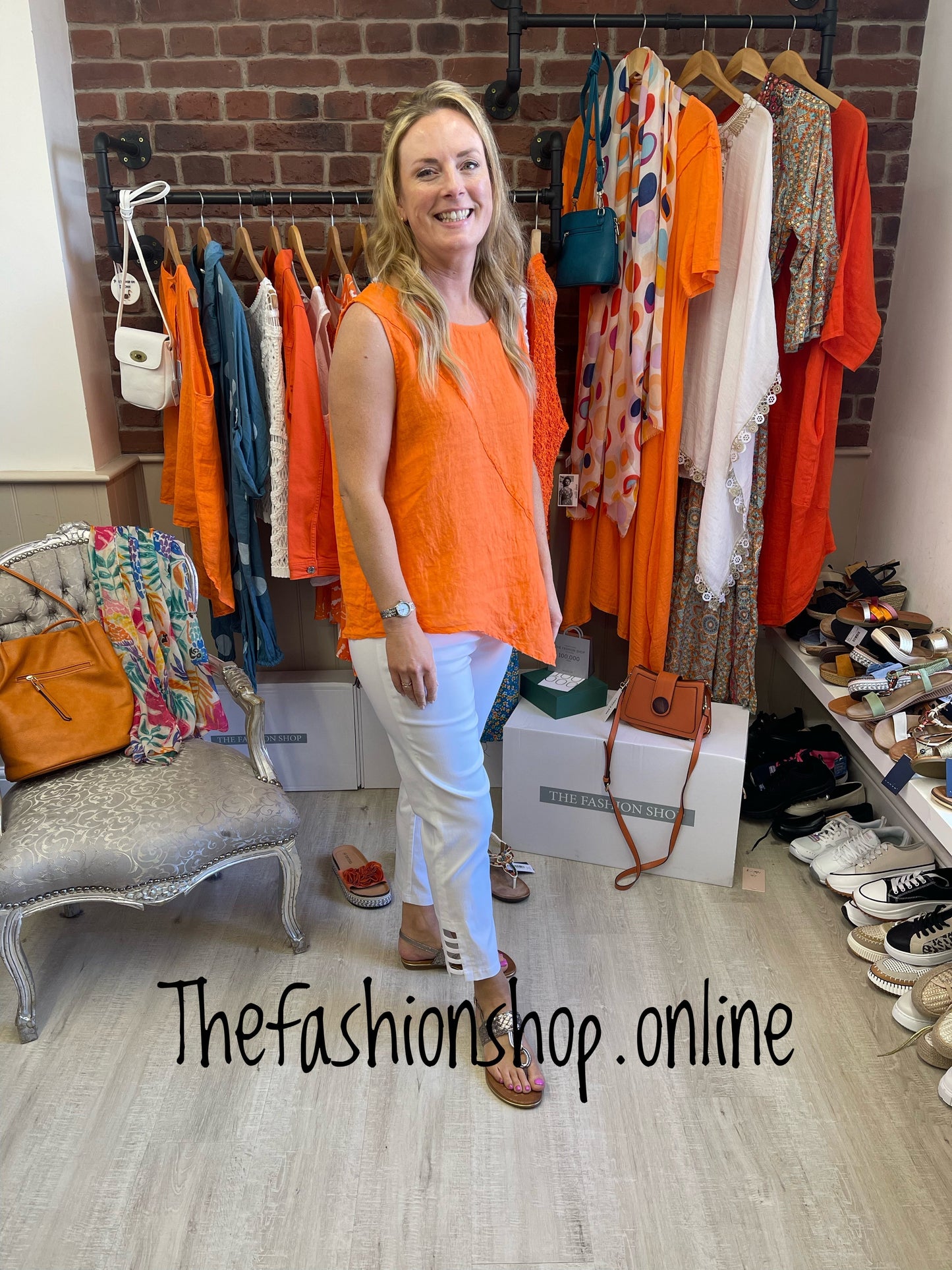 Orange asymmetric hem linen top 8-14