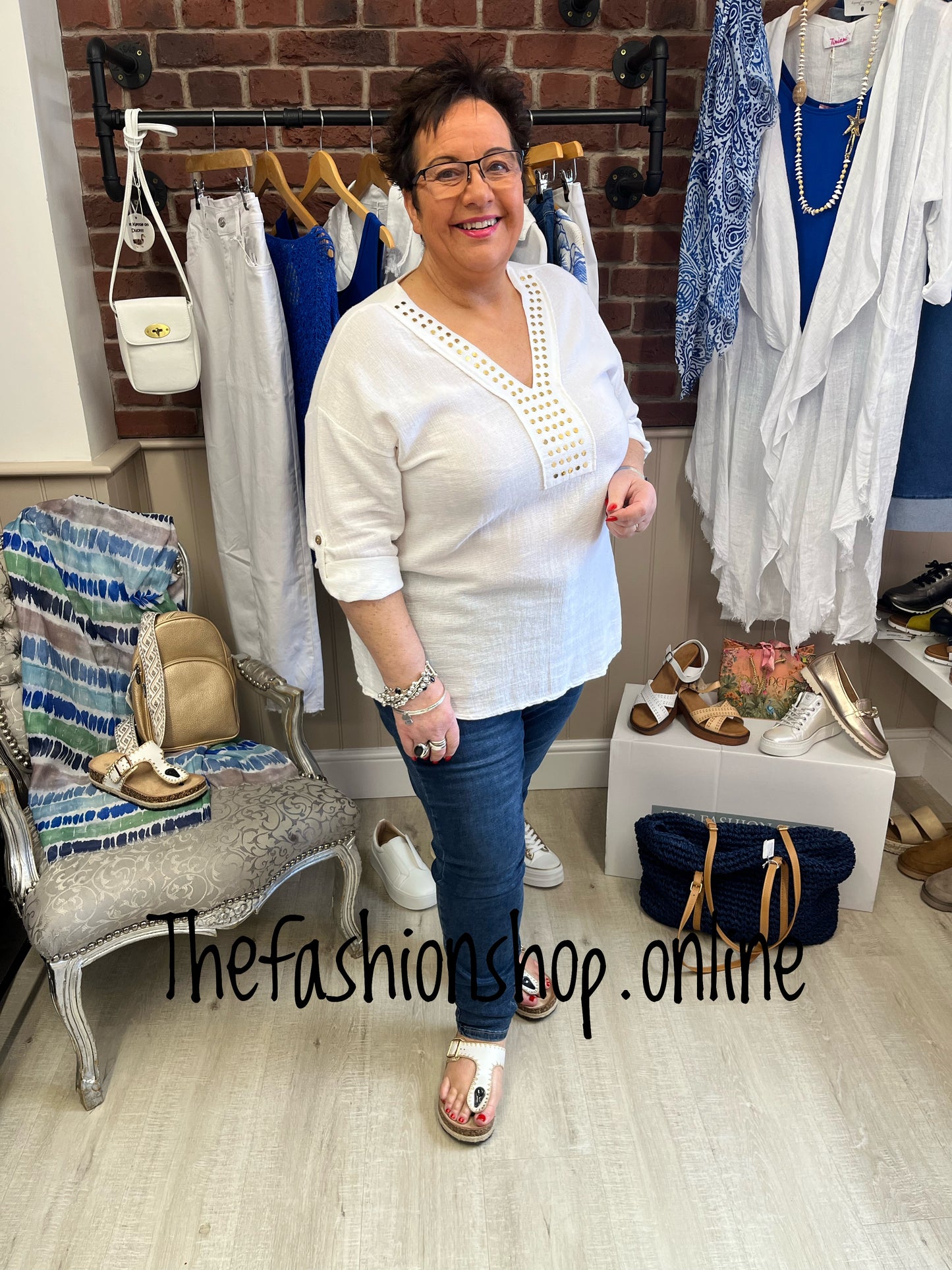 Zoe white linen mix studded top 12-20