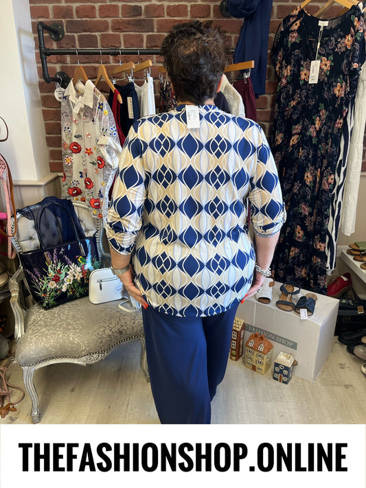 Jasmine navy and beige geometric print blouse 14-22