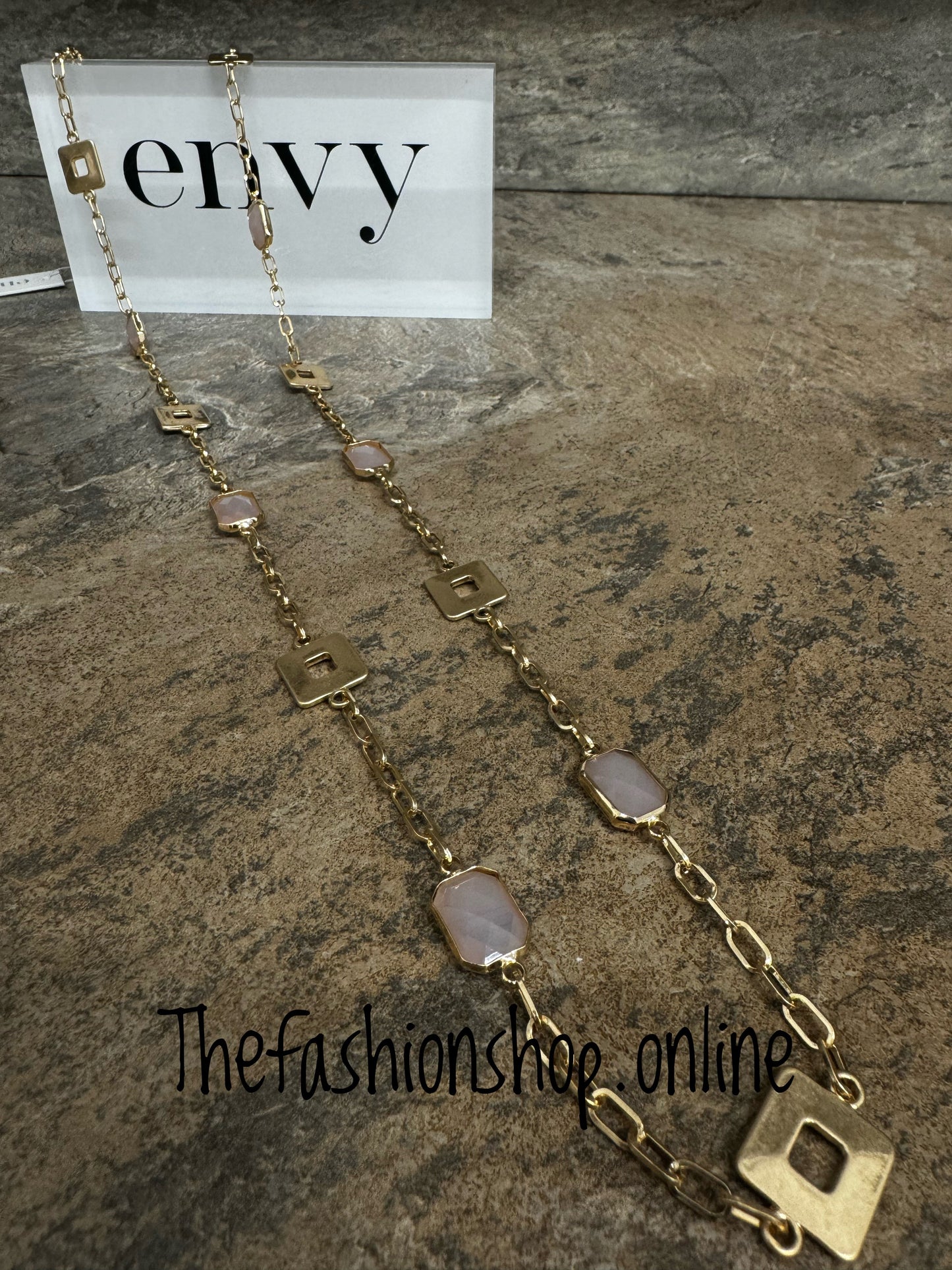 Envy gold squares with pink stones necklace
