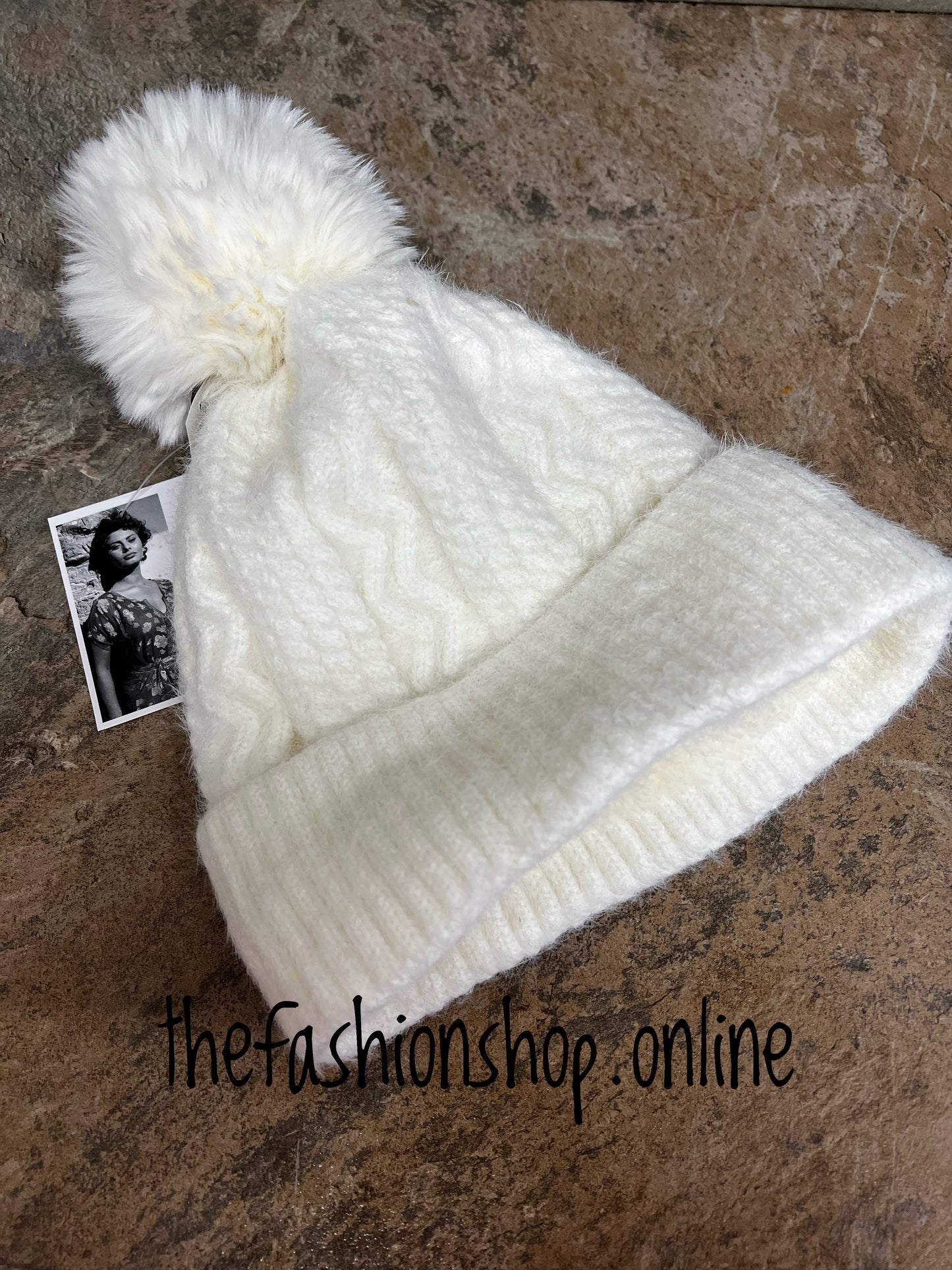 Winter white cable knit pompom hat