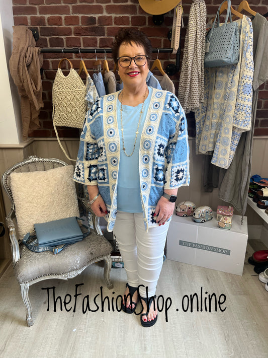 Emily navy, light blue and cream patterned crochet cardigan 14-22