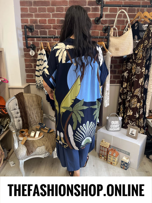 Fly Out Scenic Palm Tree Linen Mix Shirt in Navy 12-18