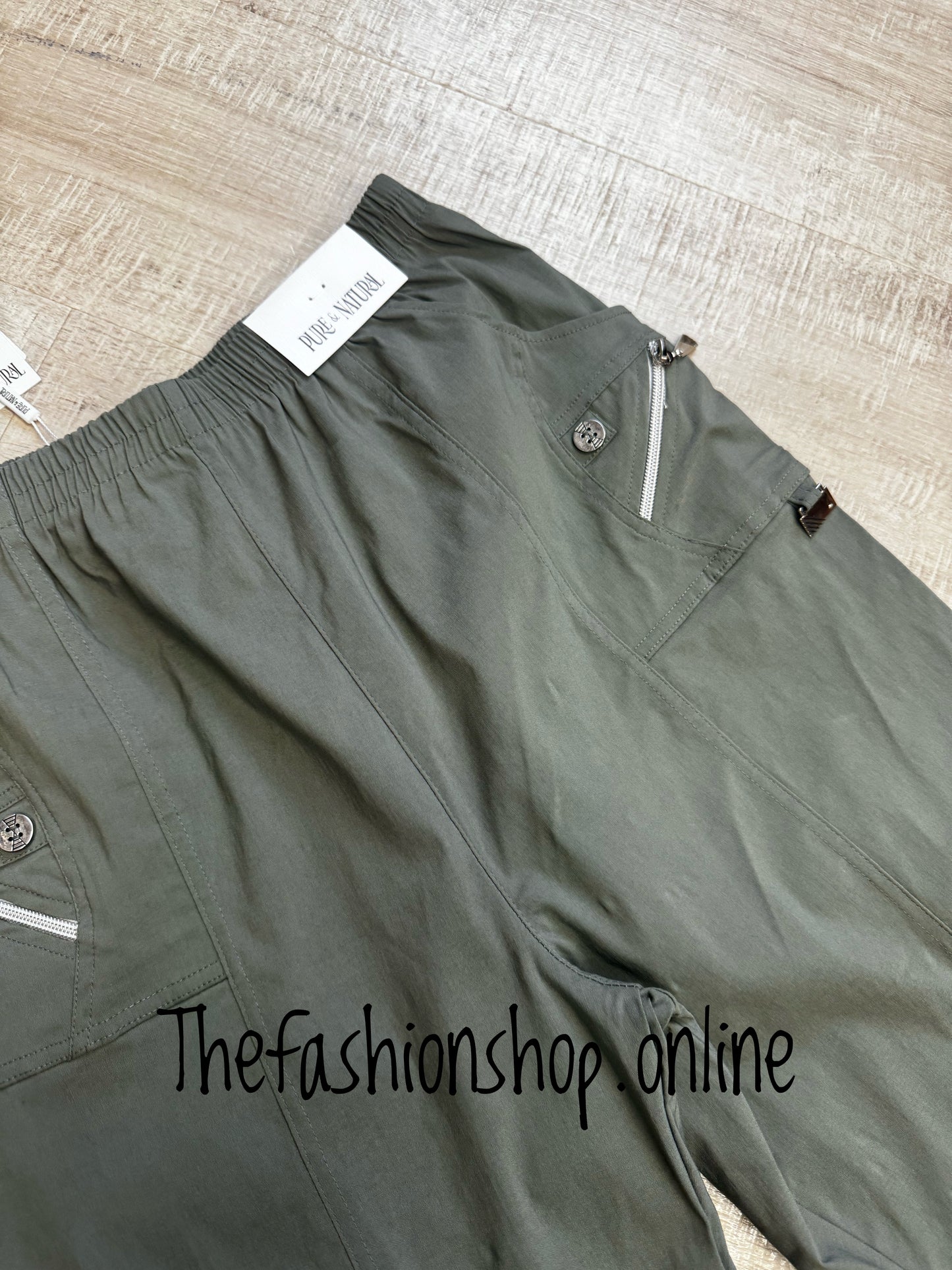 Khaki zip and button stretchy cropped trousers sizes 10-22