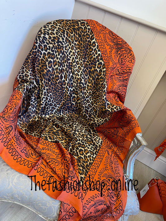 Rust and leopard print silky square scarf