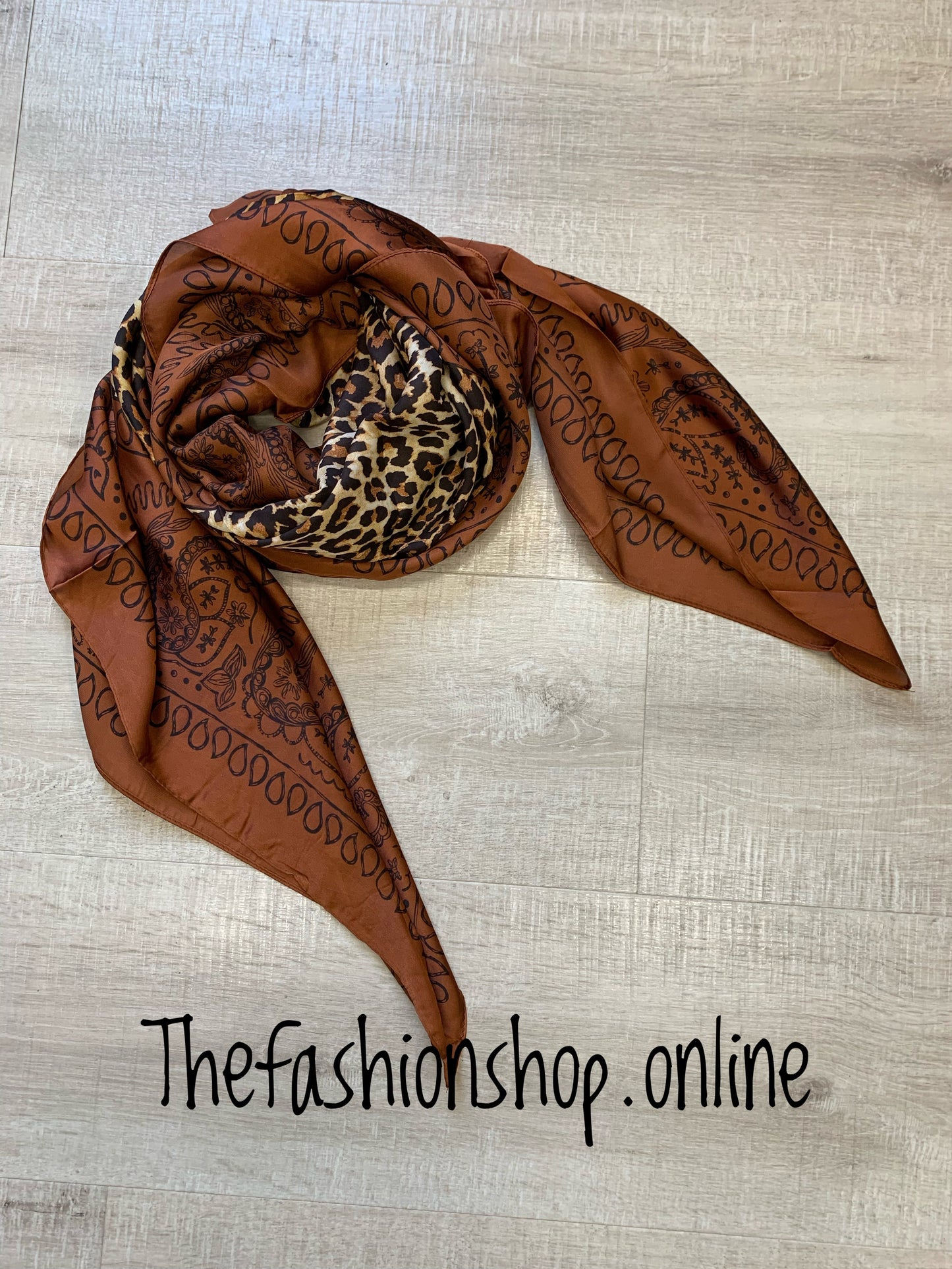 Bronze and leopard print silky square scarf