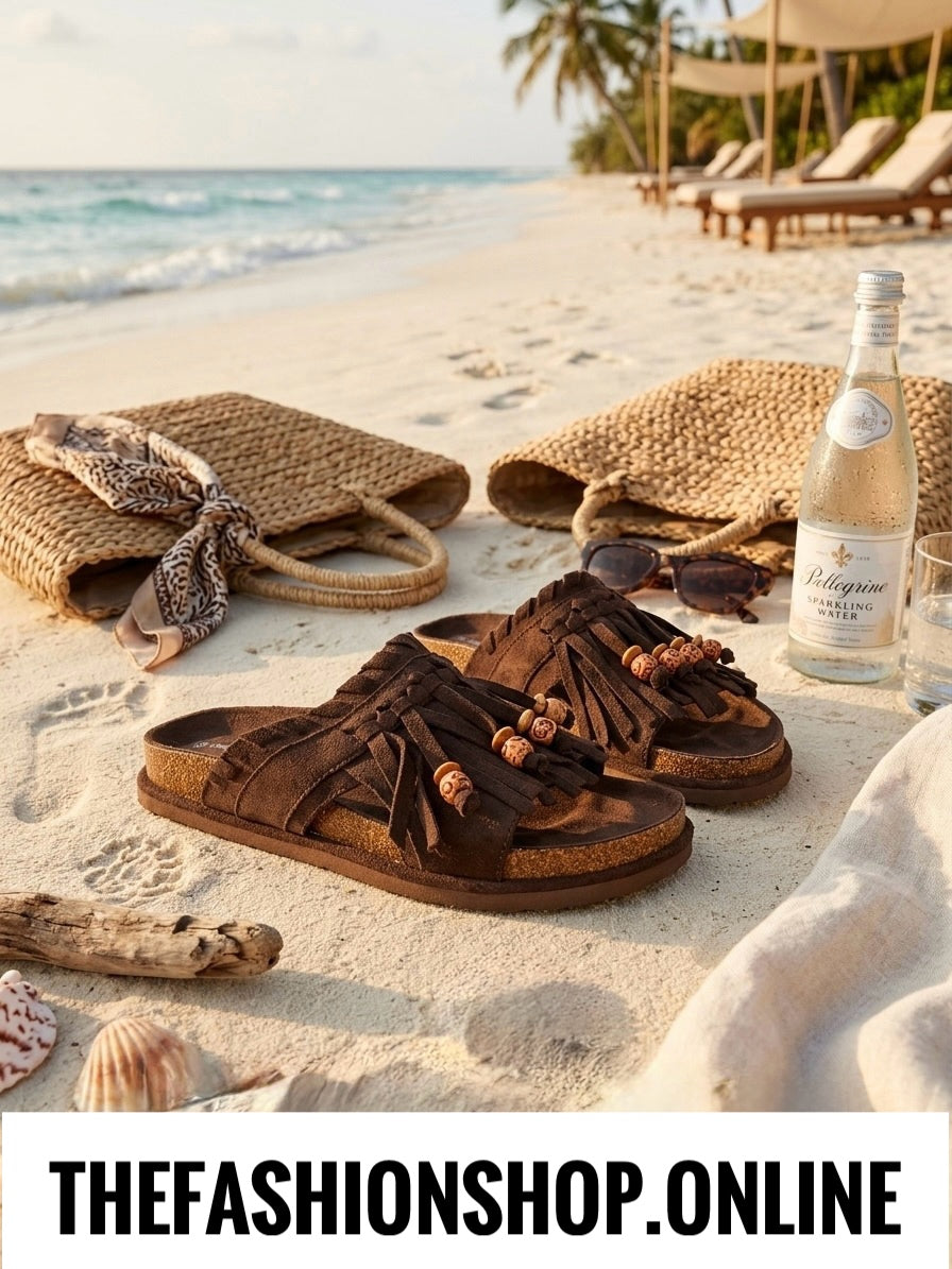 Freya Brown Boho tassel mules sizes 3-8 (36-41)