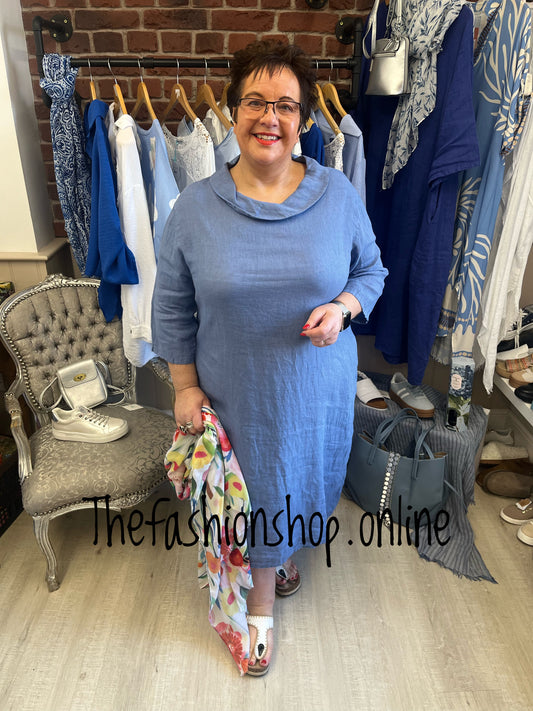 Evelyn blue linen cocoon dress 16-22