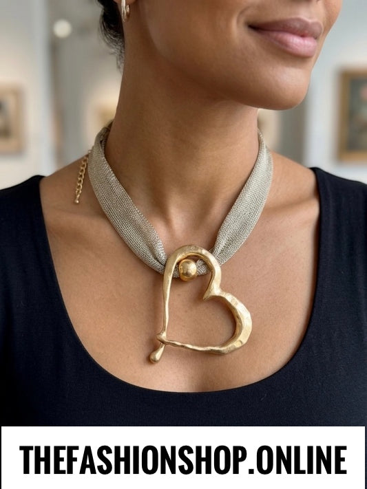 Open Heart Antique Gold Metallic Statement Necklace