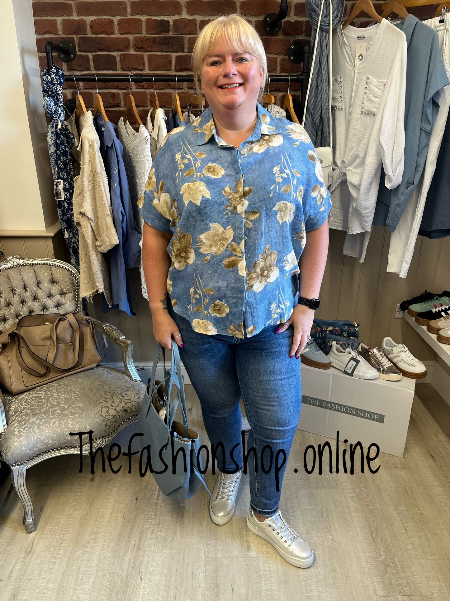 Hallie blue linen mix floral shirt 12-18