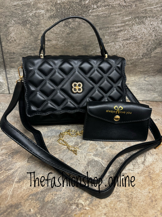 Black textured satchel bag with purse