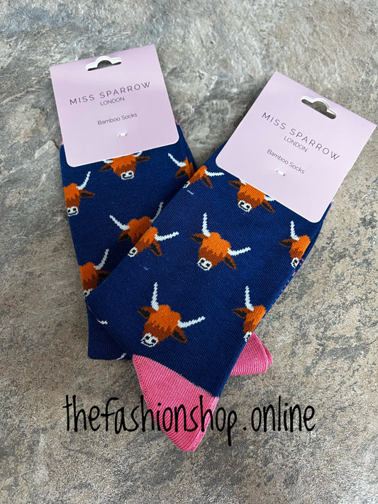 Miss Sparrow Navy Blue Highland Cows Bamboo socks 3-7 I