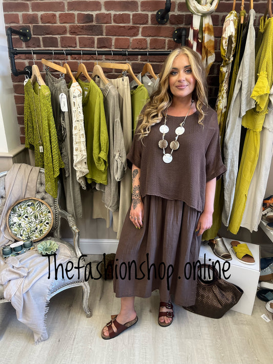 Leah brown dress with mesh overlay 8-18