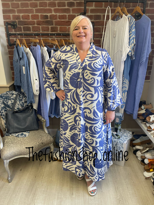 Gemma denim blue and cream v neck tunic dress 14-20