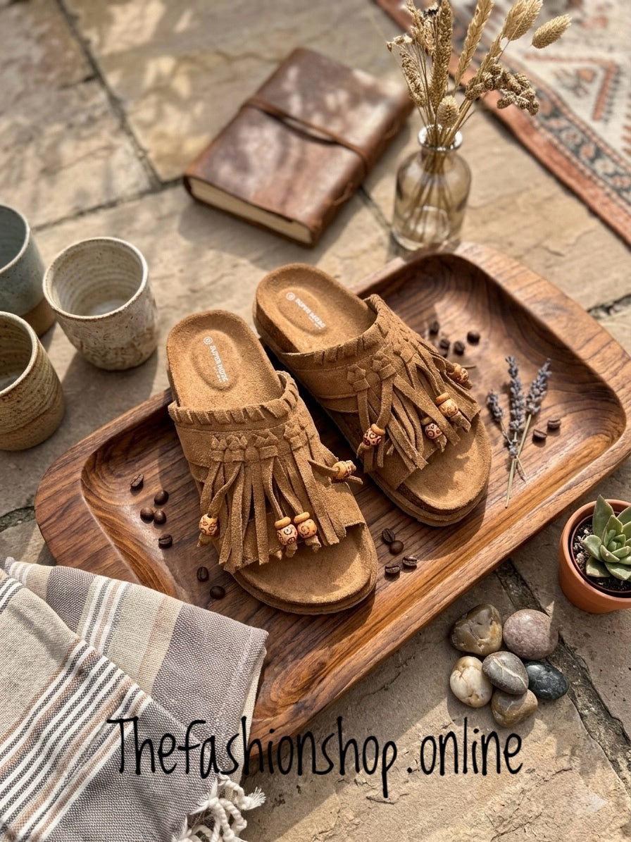 Freya camel boho tassel mules sizes 3-8 (36-41)