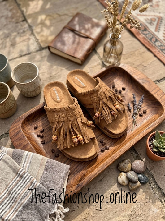 Freya camel boho tassel mules sizes 3-8 (36-41)