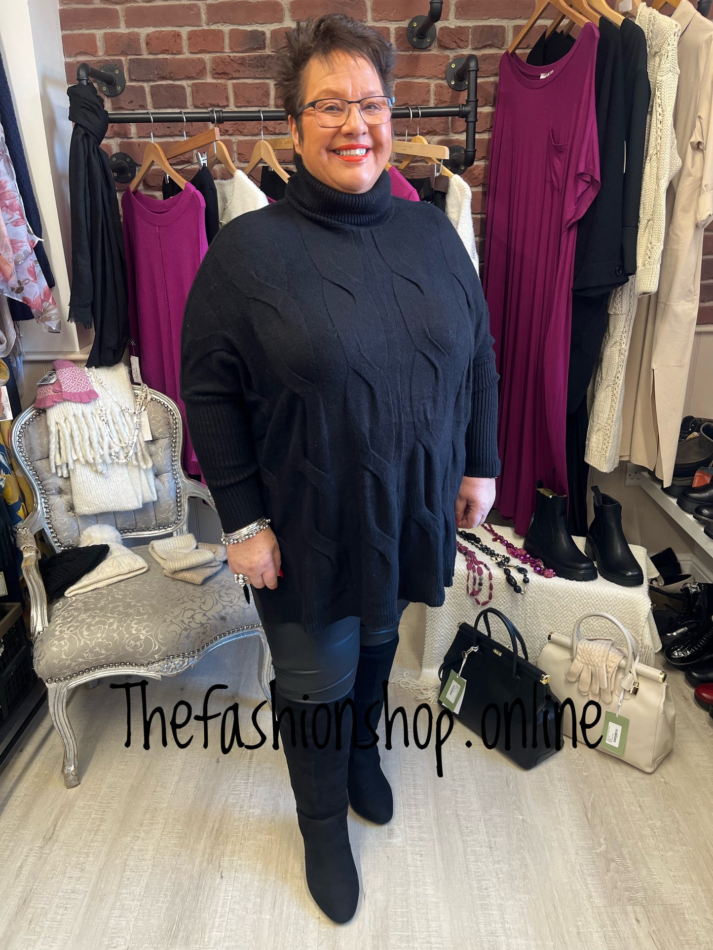Amelia Black cable knit polo jumper 12-22