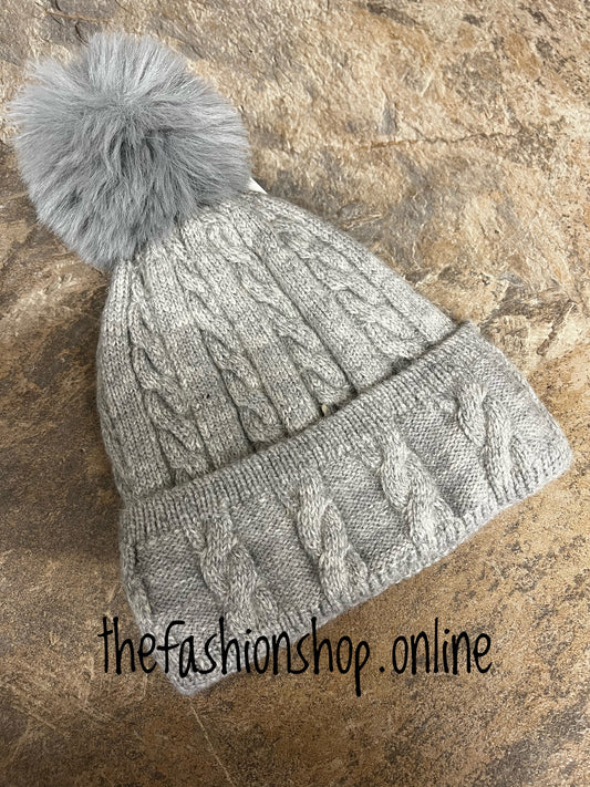 Light grey cable knit pompom hat