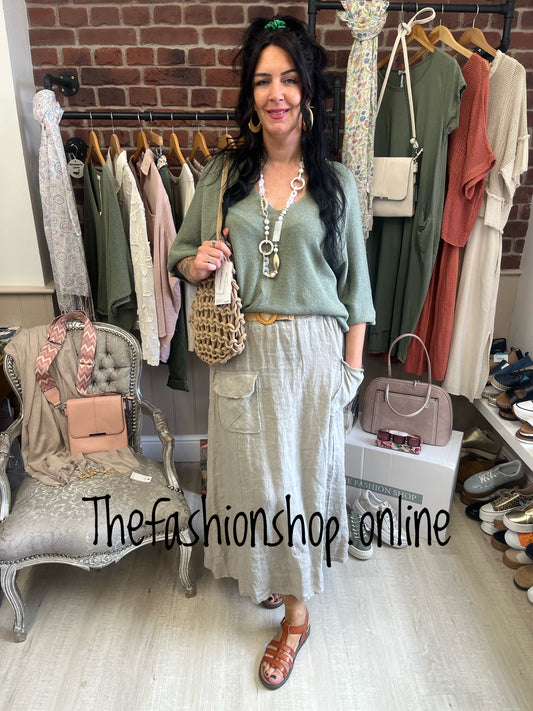 Eleanor khaki knitted v neck top 10-18