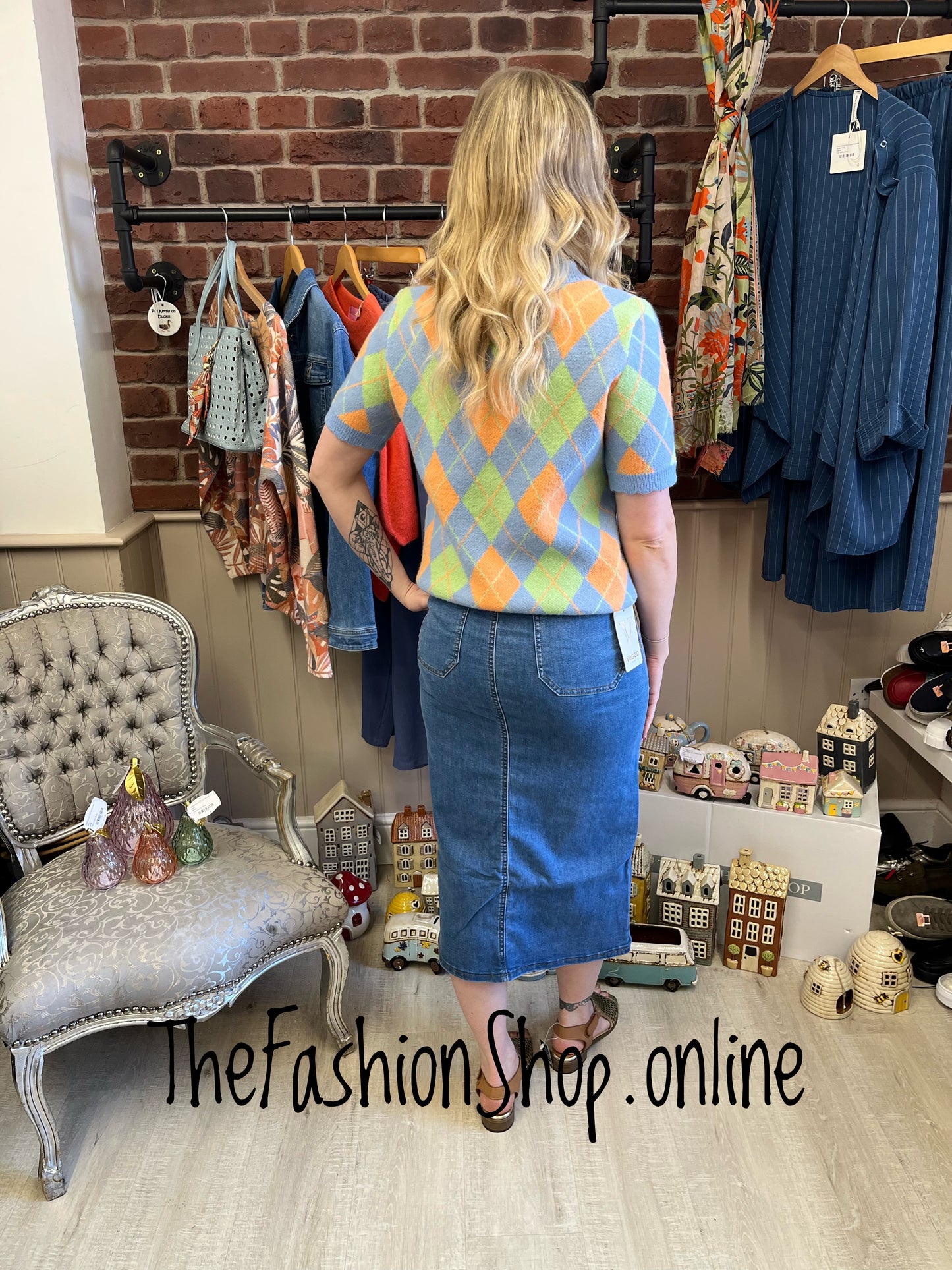 Orla blue, orange and green argyle knitted top 8-14