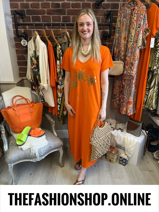 Eden orange palm tree dress 10-18