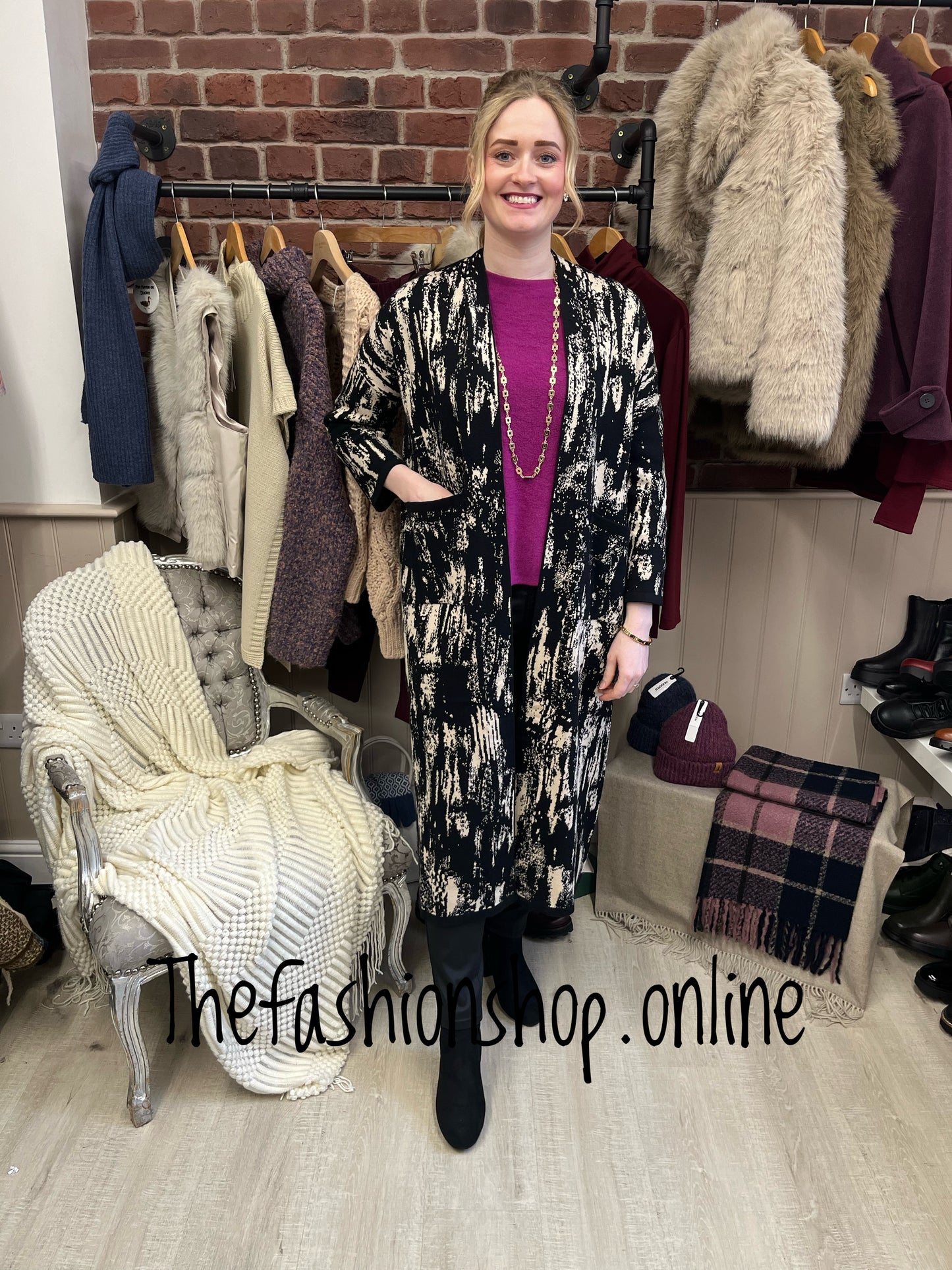 Sarah Tempest black and cream patterned coatigan 10-18