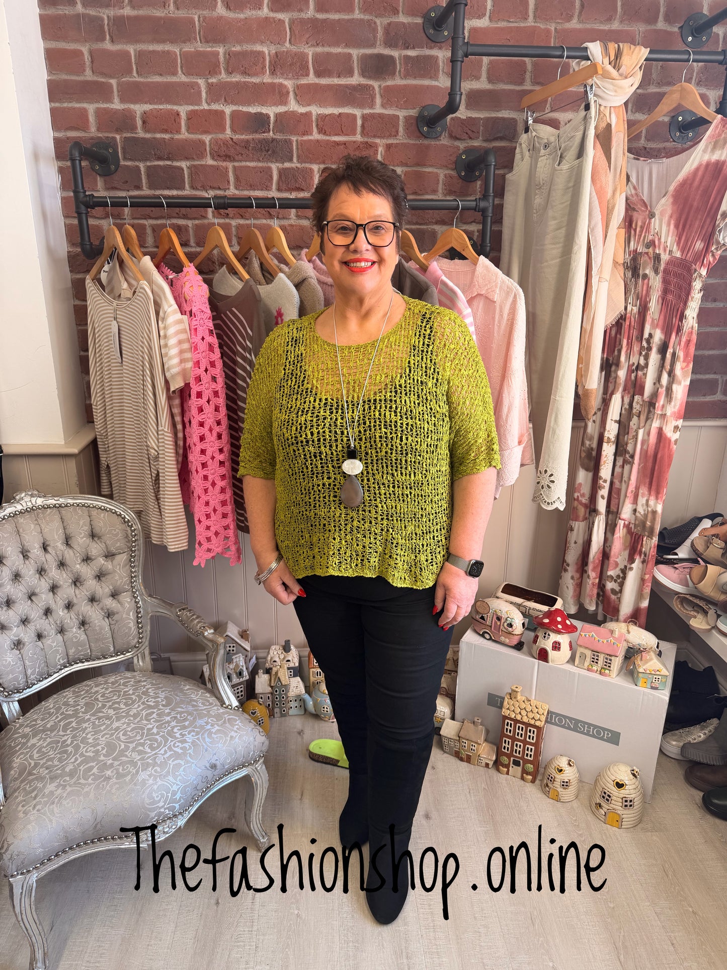 Olive popcorn open knit top 10-20