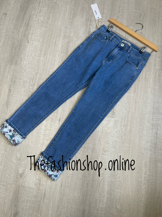 Denim blue floral turn up jeans sizes 8-16