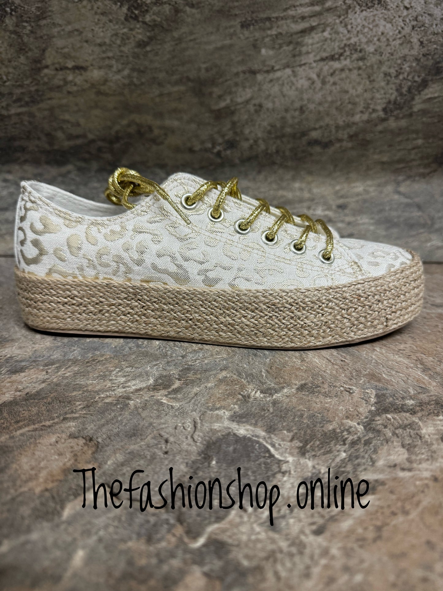 Gold leopard print platform espadrille sizes 3-8